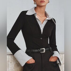 Mock Two-Piece Long-Sleeve Two Tone Polo Top